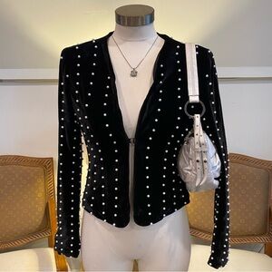 Endless Rose Black Velvet Pearl-Embellished Cropped Jacket, Women's Small